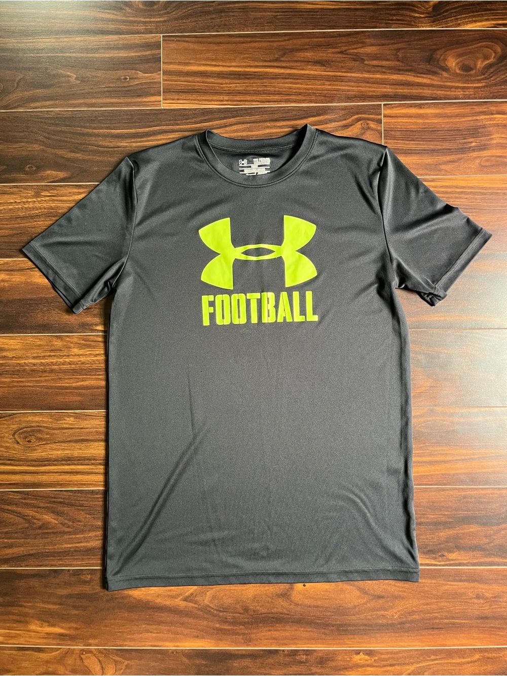 Under Armour Boy’s Black Dri-Fit Tee with Lime Green Football Logo, YXL